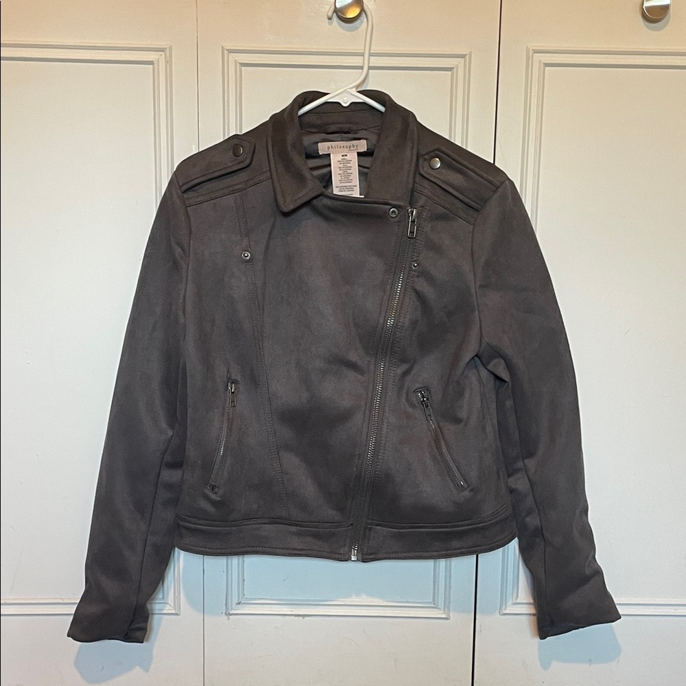 Philosophy Asymmetric Zip Faux Suede Moto Gray Cropped Jacket - Picture 1 of 4